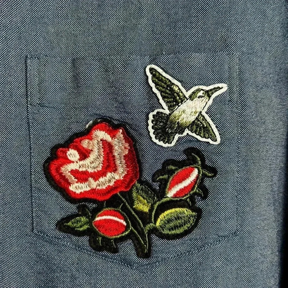 Simons jean denim button-down shirt, L, floral embroidery pocket, Unisex Western - Picture 5 of 9
